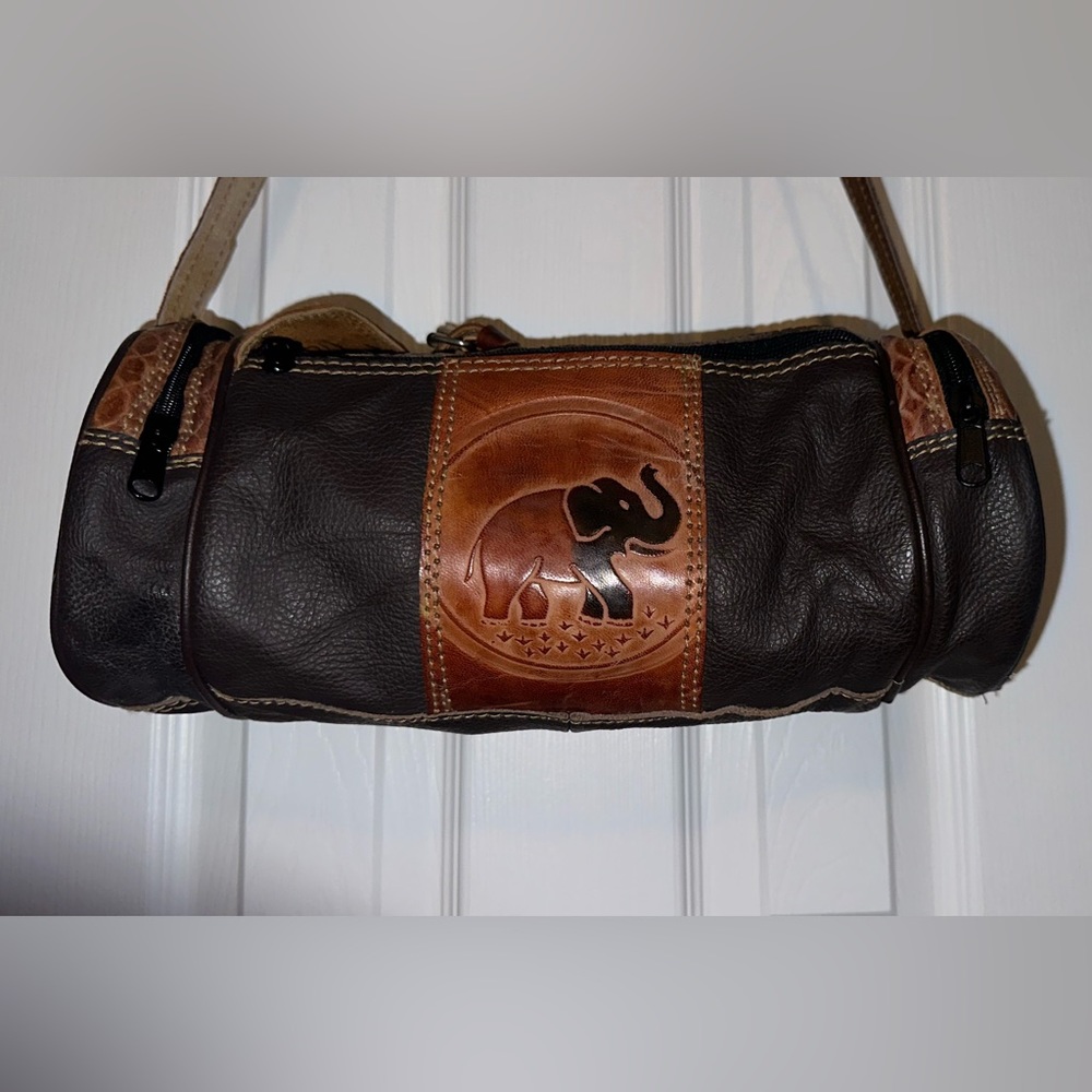 East/West Leather Barrel Bag w/ Elephant Motif - Picture 2 of 9